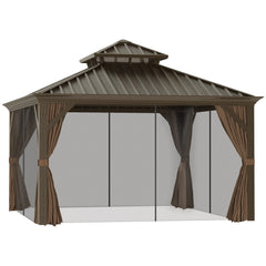Outsunny 12' x 12' Hardtop Gazebo with Curtains and Netting, Permanent Pavilion Metal Double Roof Gazebo Canopy with Aluminum Frame and Hooks, for Garden, Patio, Backyard, Brown 84C-204V03
