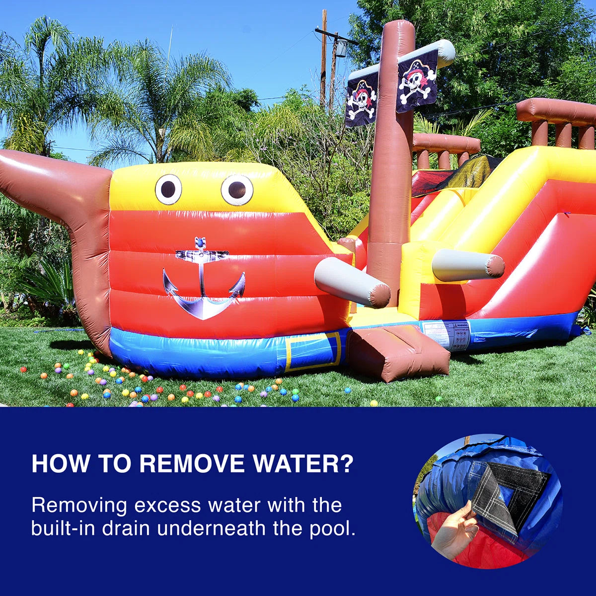 JumpOrange 15 FT Pirate Ship Inflatable Playset Water Slide Bounce House for Kids (with Blower) JPOG1059